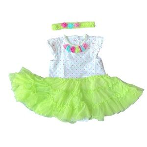 LITTLE ME Romper Polka Heart and Green Tutu and Matching Headband Size 6 Months